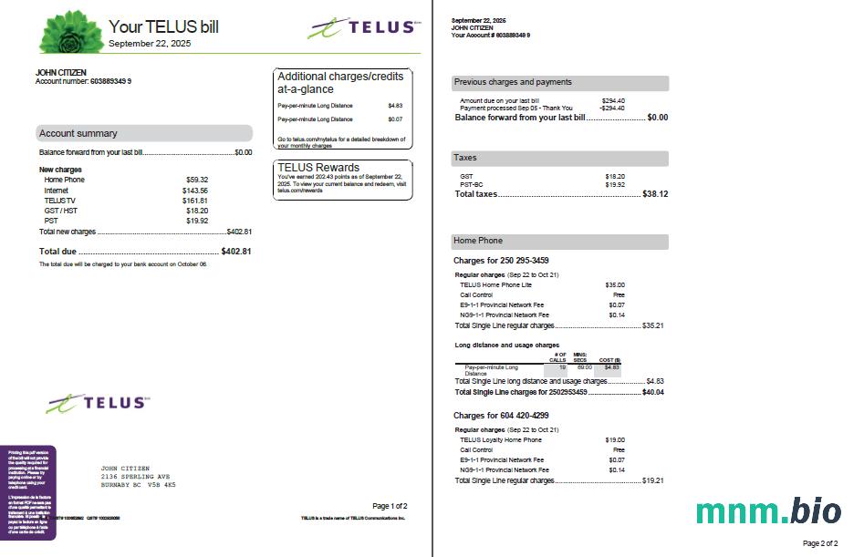Szablon rachunku za media Canada Telus w formatach Word i PDF, 2 strony, Wersja 3